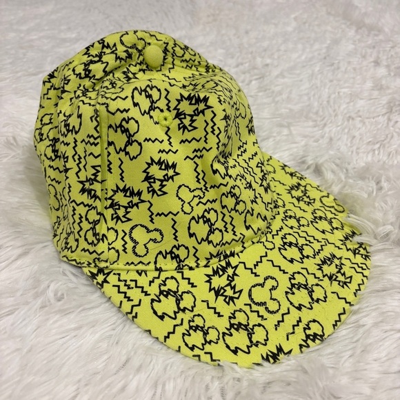 Disney Parks Authentic Original Neon Yellow Cap Hat O/S Static Squiggle Mickey - Picture 11 of 11